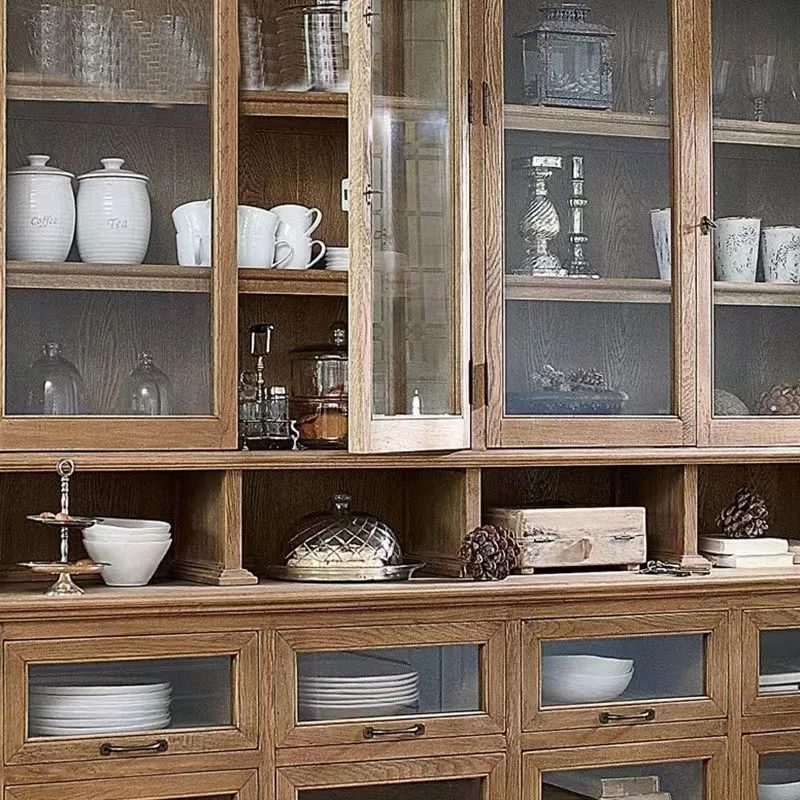 American country light luxury villa living room solid wood carved arched glass door wine cabinet
