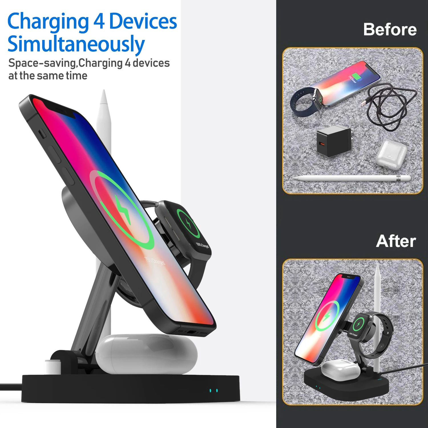 4 in 1 Fast Wireless Charger Magnetic Wireless Charging Station Compatible with iPhone iWatch  Airpods 2/Pro and Pencil 1nd d