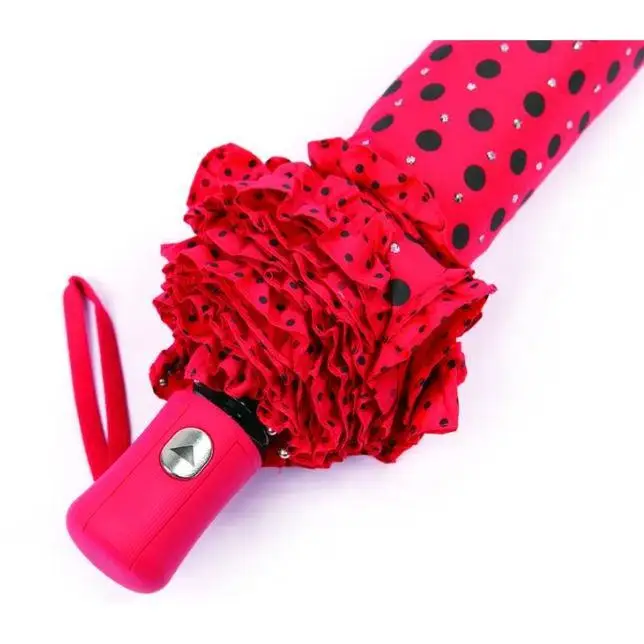 LOTUS 3 Folding Sun And Rain Umbrella Custom Logo Tag Black Polka Dot Umbrella