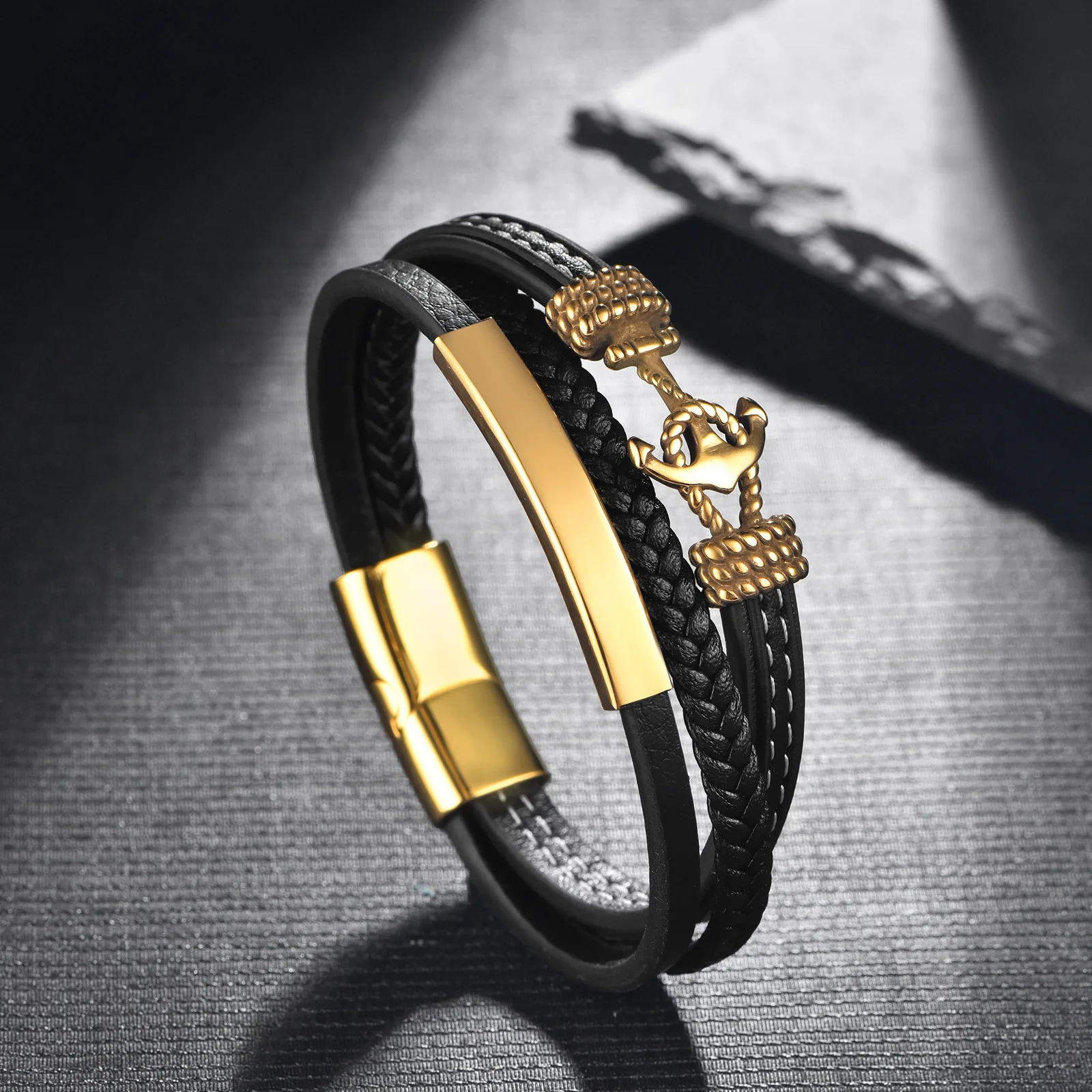 Fast Shipping Custom Steel Magnet Clasp Leather Cord Mens Bracelet Anchor Leather Bracelet Fashion Jewelry Bracelet