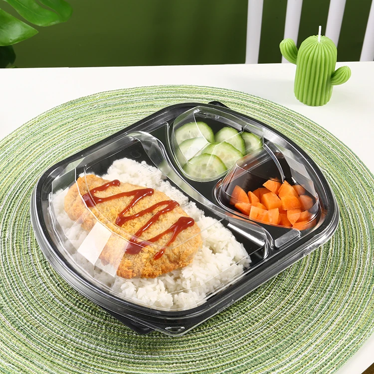 Custom Lunch Box Plastic Microwavable 3 Compartments Black Bento Lunch Box Container Disposable Food Packaging Box