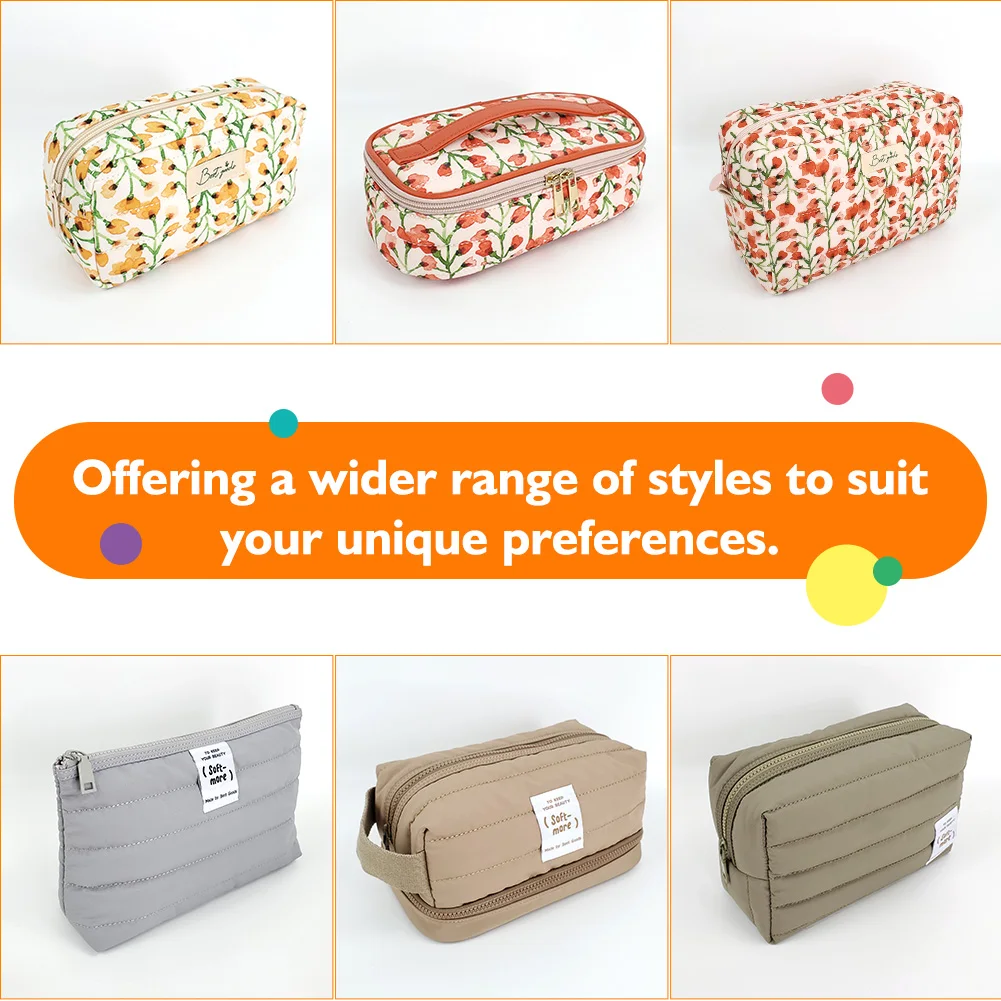 Eco travel fluffy cosmetic bag custom logo large capacity zipper pink flower puffy pouch floral quilted makeup bag for women