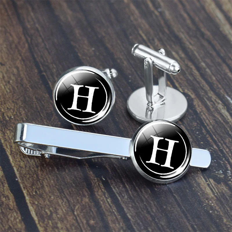 Black Round Personalized Alphabet A-Z  Cufflinks and Tie Clip Set With Gift Box Good Quality Initial Letter Cuff Links for Men