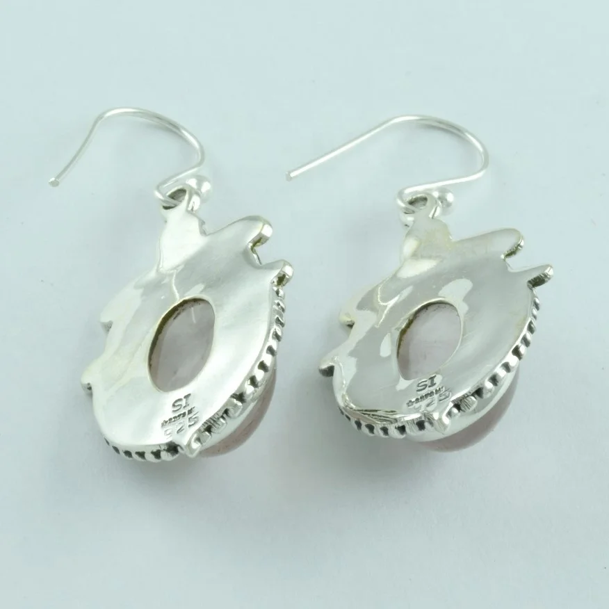 
Light Colour rose quartz Stone With Rava Design 925 silver earring 