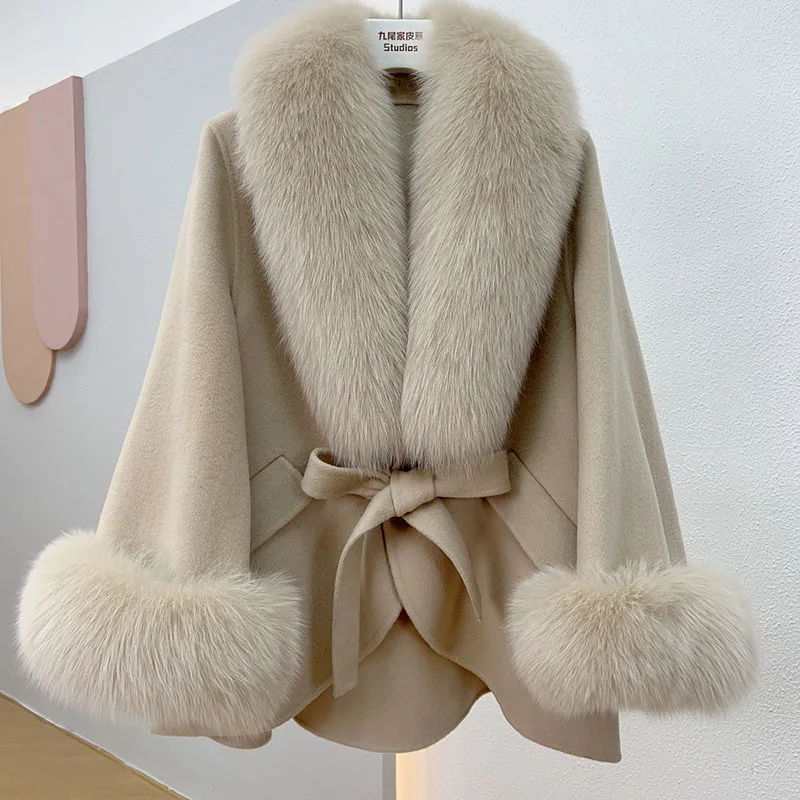 2024 New Women Real Wool Blended Coat With Real Fox Fur collar Fashion Loose Woollen Jacket Outwear Genuine Fox Fur Cuff