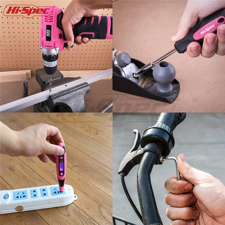 124 piece Pink Lady Power Tools Kit Hand Tools Set Cordless Power Drill with 16.8v Li-ion Battery in a tool case