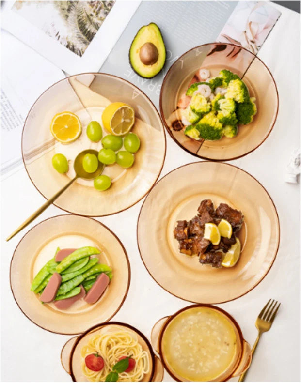 Glass Microwave Oven Safe Amber Bowl and Plate Set Sustainable Stainless Steel Lid Glass Bowel Minimalist Party Juego De 1