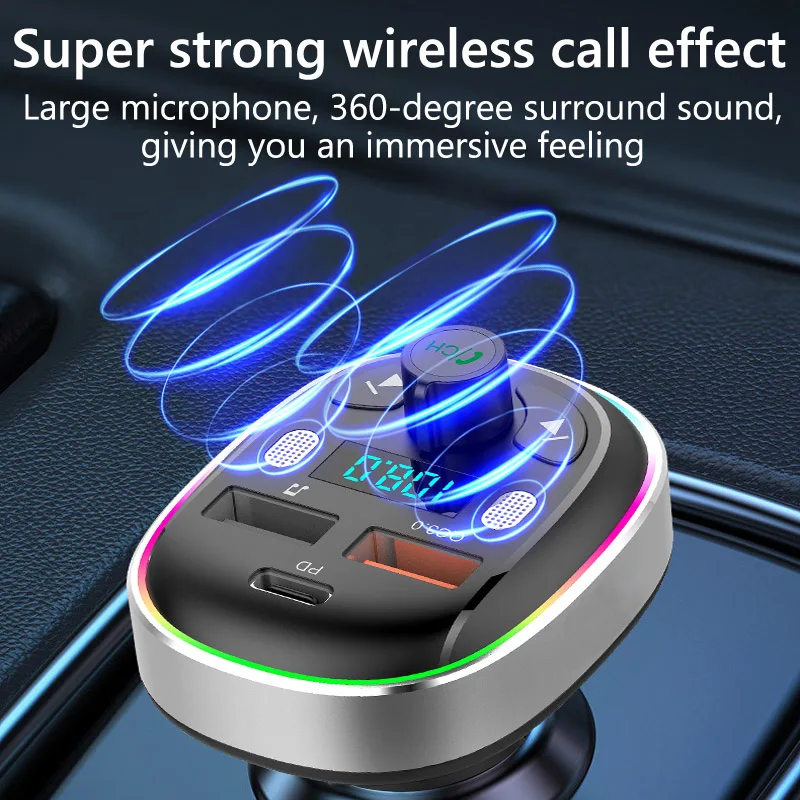 Qc3.0 Pd 30W Fast Charging Usb Car Charger Colorful Light Wireless 5.0 Handsfree Car Kit Fm Transmitter Pd Car Mp3 Player