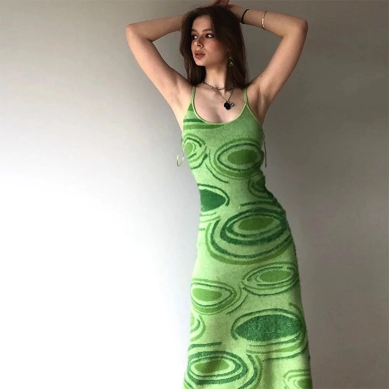 Print Knit Dress Women Green  Summer Sexy  Sleeveless Spaghetti Strap Beach Party Midi Dresses