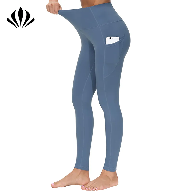 Customized Solid Long Wide Waistband Skin Tight Sports With Pockets Yoga Wear Pants Leggings