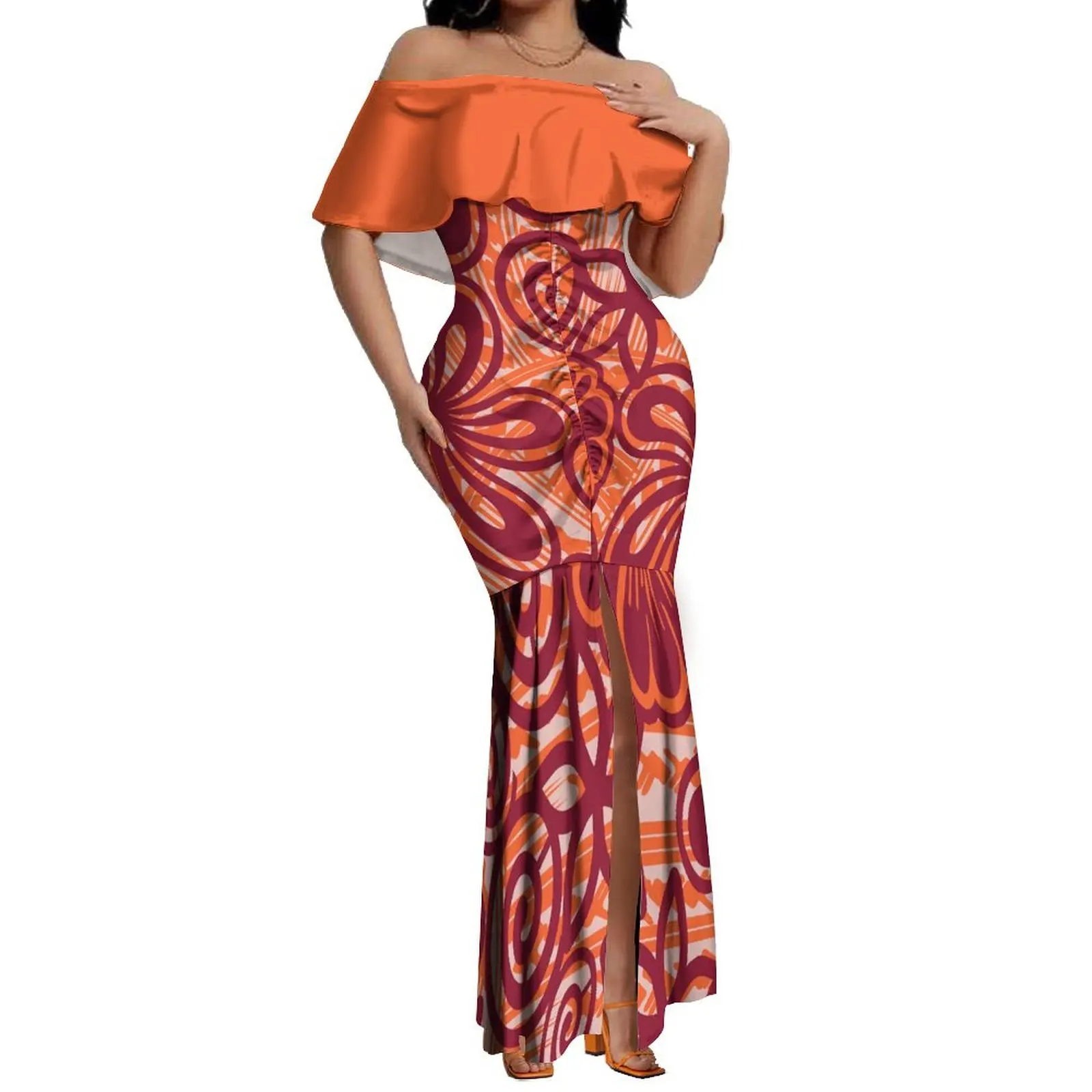 High Quality Customize Frill Off The Shoulder Split Long Dress Polynesian Design Pleated Ladies Dress Plus Size Womens Clothing