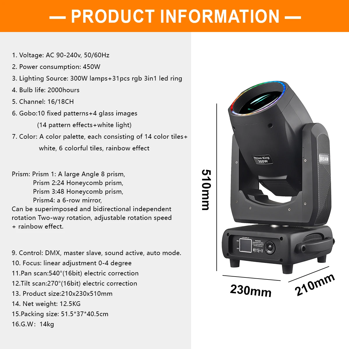 Cabeza Movil Prism King 300W Moving Head Light Lamps with RGB 3in1 LED Ring DMX Control for Stage DJ Disco Party Club Lighting