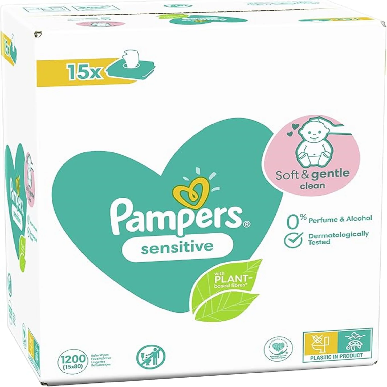Pampers Sensitive Baby Wipes 15 Packs of 80 = 1200 Baby Wet Wipes, Unscented, For a Soft And Gentle Clean
