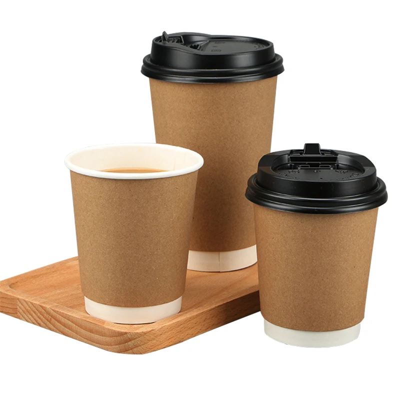 Disposable double-layer kraft paper coffee cup with lid milk tea hot drink soy milk thickened hollow anti-scalding