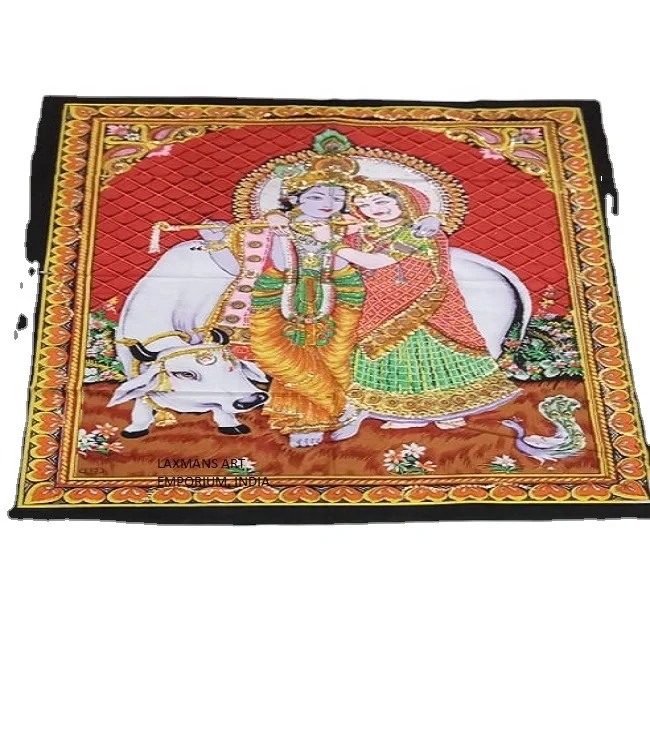 Radha Krishna Printed Cotton Wall Hangings With Sequin Beads Tapestries For Wholesale Supplier From India
