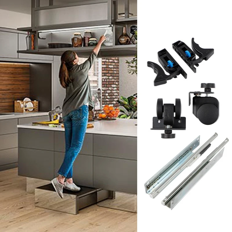 Conceal Hidden Drawer Built In Toddler Up Folding Cabinet Pullout Kitchen Kids Step Stool 3-Fold Extension Slide Bottom Mount