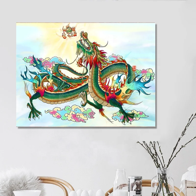 Full Diamond Round Diamond Painting 5D DIY Aerial Dragon Play Fire Ball Diamond Embroidery Mosaic