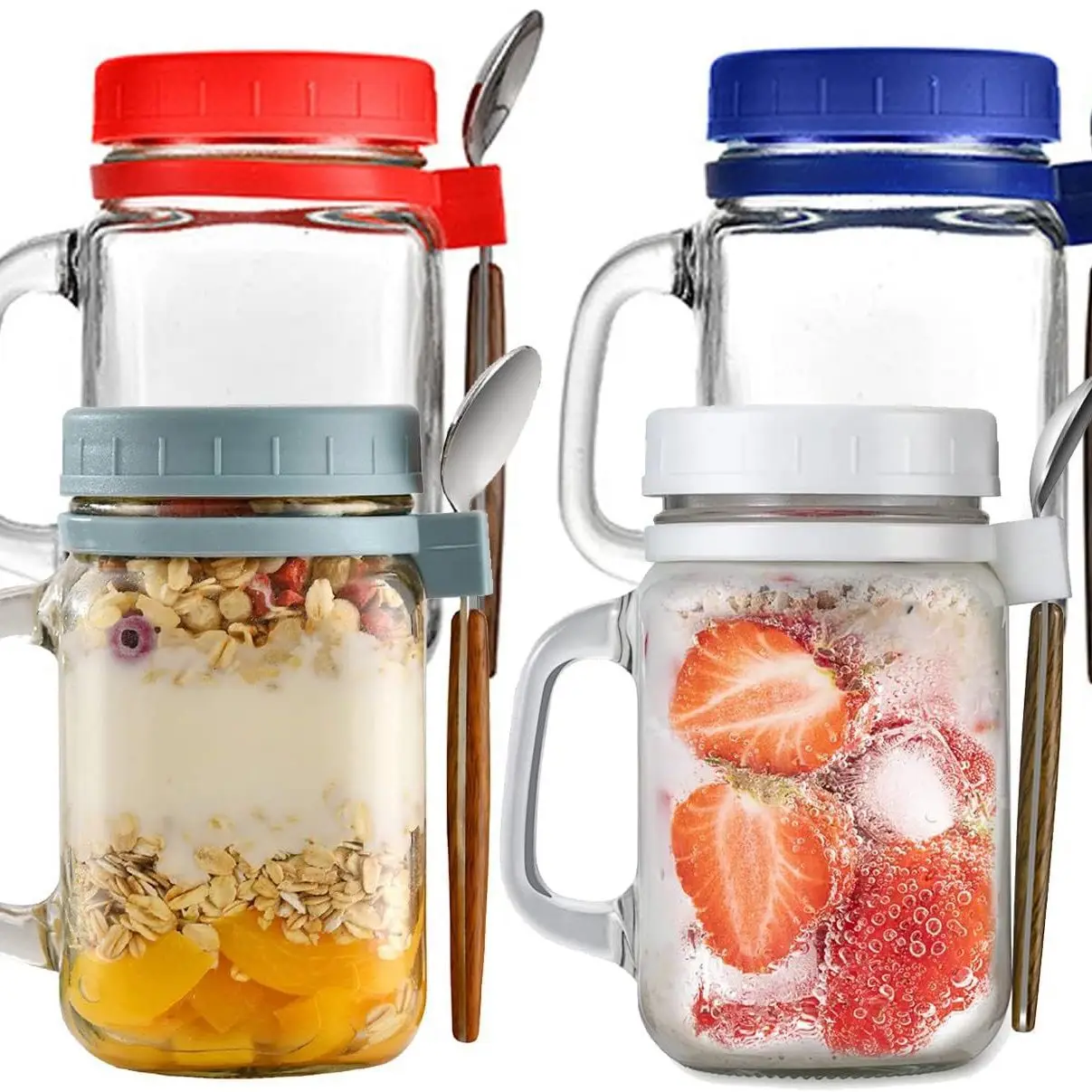 Hot sale Breakfast glass cup with spoon 400ml glass overnight Oatmeal set container with mark glass mason jar