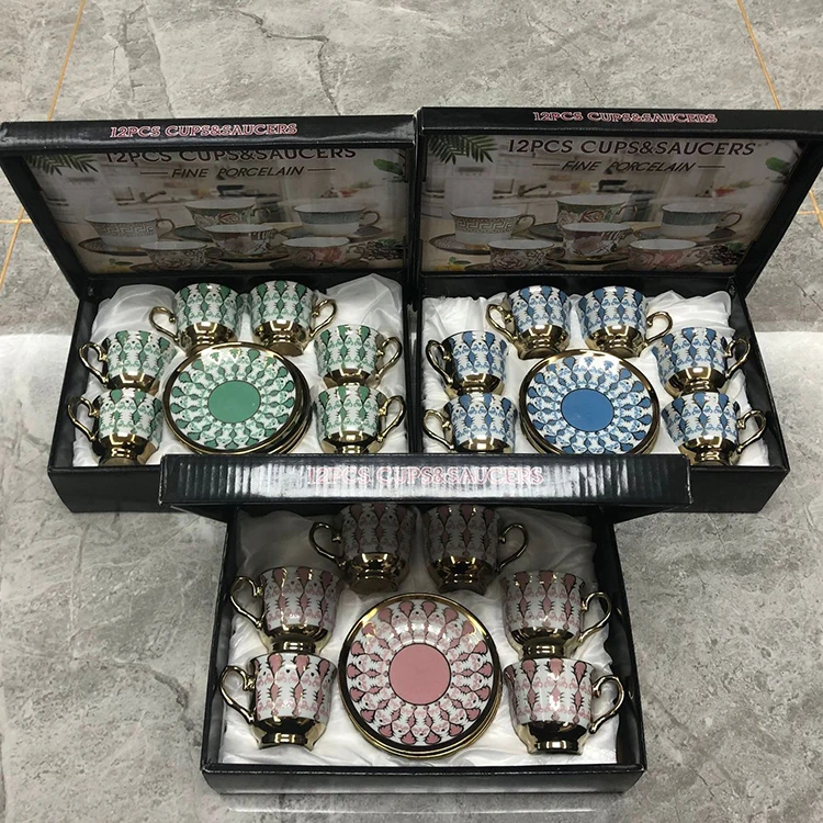 Wholesale Porcelain Arabic Afternoon Tea Gift Set 12PCS Luxury Ceramic Coffee Tea Cup and Saucer Set of 6