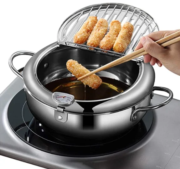 Japanese Tempura Small Deep Fryer Stainless Steel Frying Pot With Thermometer  for French Fries Shrimp Chicken Wings and Shrimp