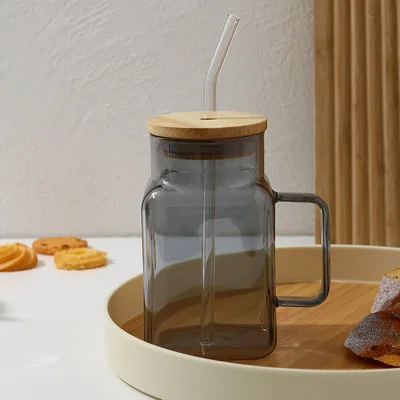 Outdoor Travel Milk Tea Coffee beer glass cup tumbler Heat resistant square glass Beverage soda milk cup with bamboo lid straw