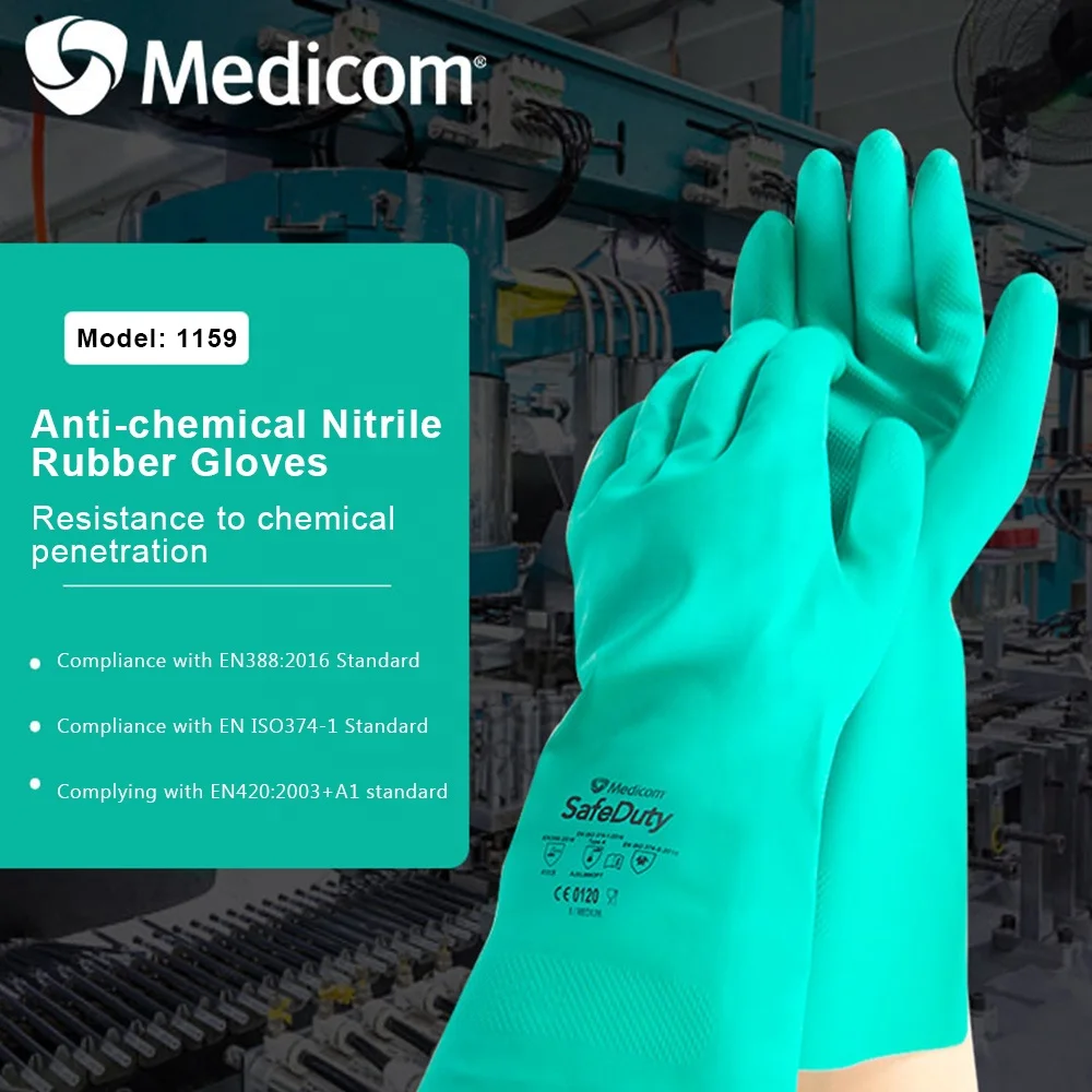 
Medicom 1159 Safety Gloves Anti-chemical Wear-resistant Waterproof Non-slip Thick Nitrile Rubber Protective Working Gloves 
