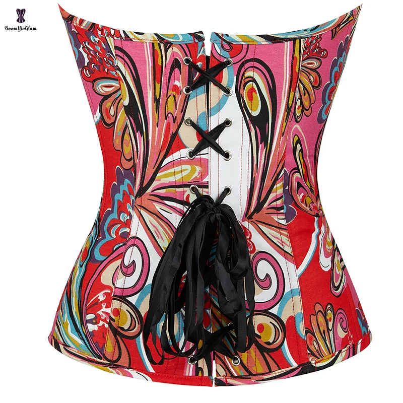 6 Brooches Closure Red Green Vintage Korsett Chest Binder Bustier Butterfly Print Overbust Corset Top For Women