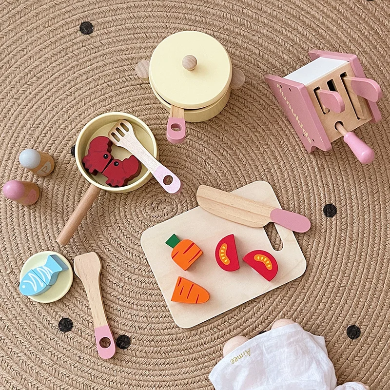 Natural Wooden Pretend Toy Eco-friendly Solid  Wood 19pcs Nunukids  Kitchen Set Cooking Cabinet Toy for Toddlers