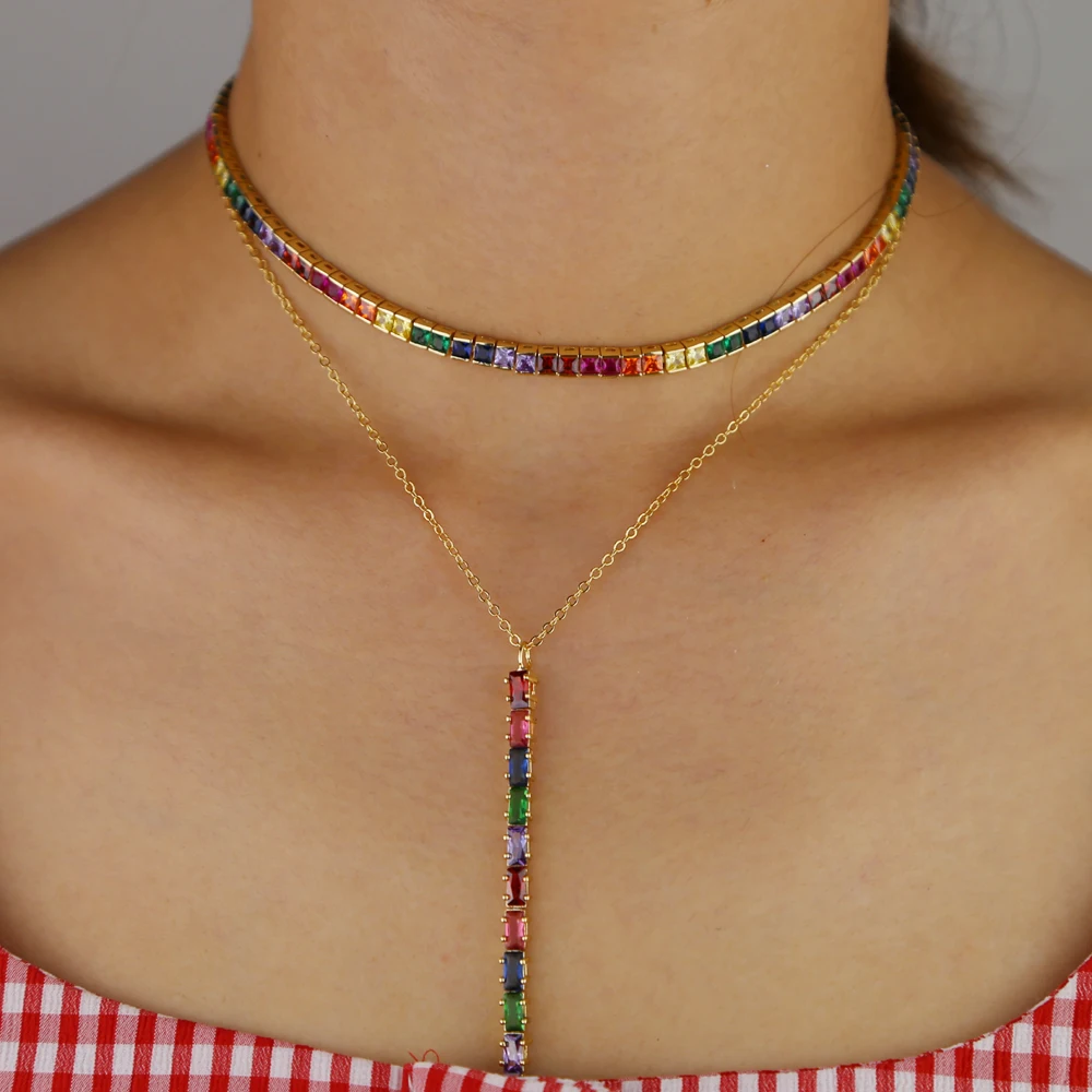 rainbow rectangle cz gold plated Long Y larait sexy women necklace