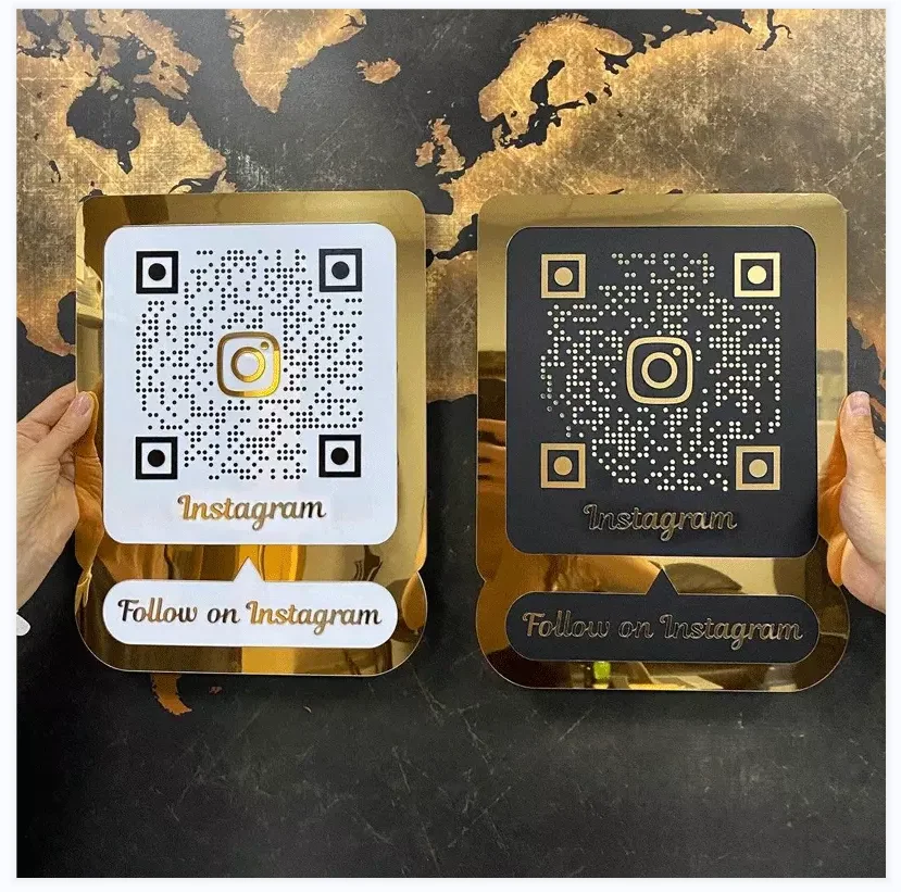 Customize Tabletop Acrylic or wooden Facebook Ins Plaque Gold Qr Code Beauty Sign Business Social Media Sign With Stand