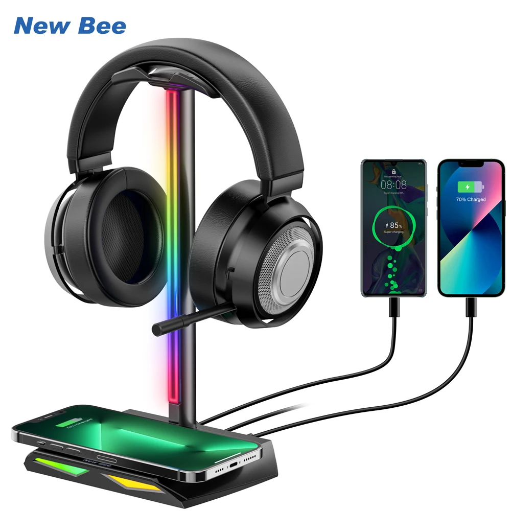 New Bee New Design 5 In 1 Type C & USB Hub RGB Gaming Headphone Stand with Wireless Charger