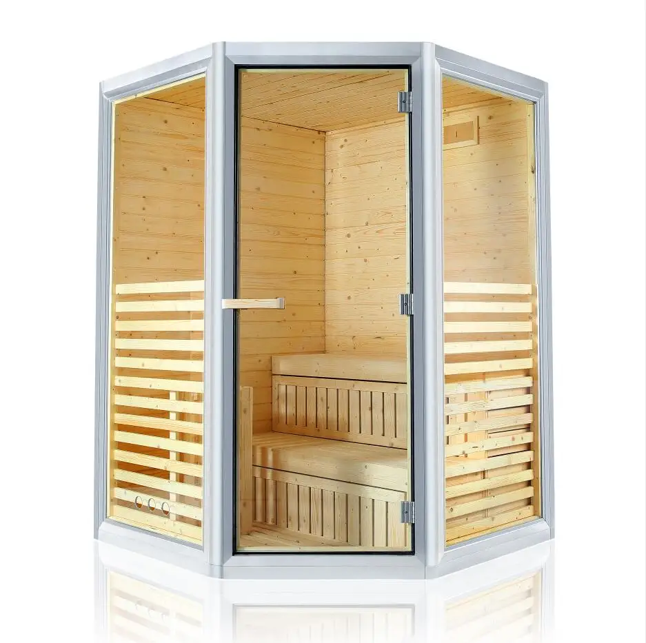 4 Person Indoor Use Pine Wood Diamond Shape Dry Steam Sauna Room