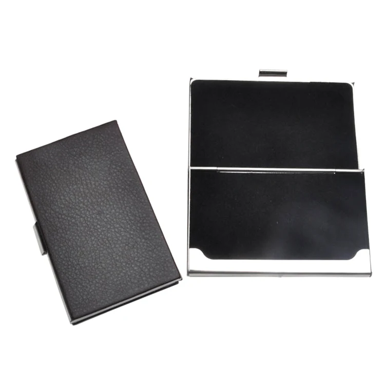 Stainless steel pop up business card holder case with genuine leather cover
