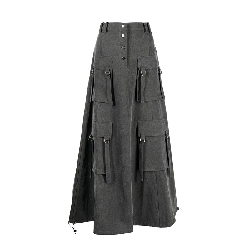 New Design Vintage High Waist Multi Cargo Pockets Button Fly A Line Denim Fabric Cargo Skirt Stylish Long Skirts For Women