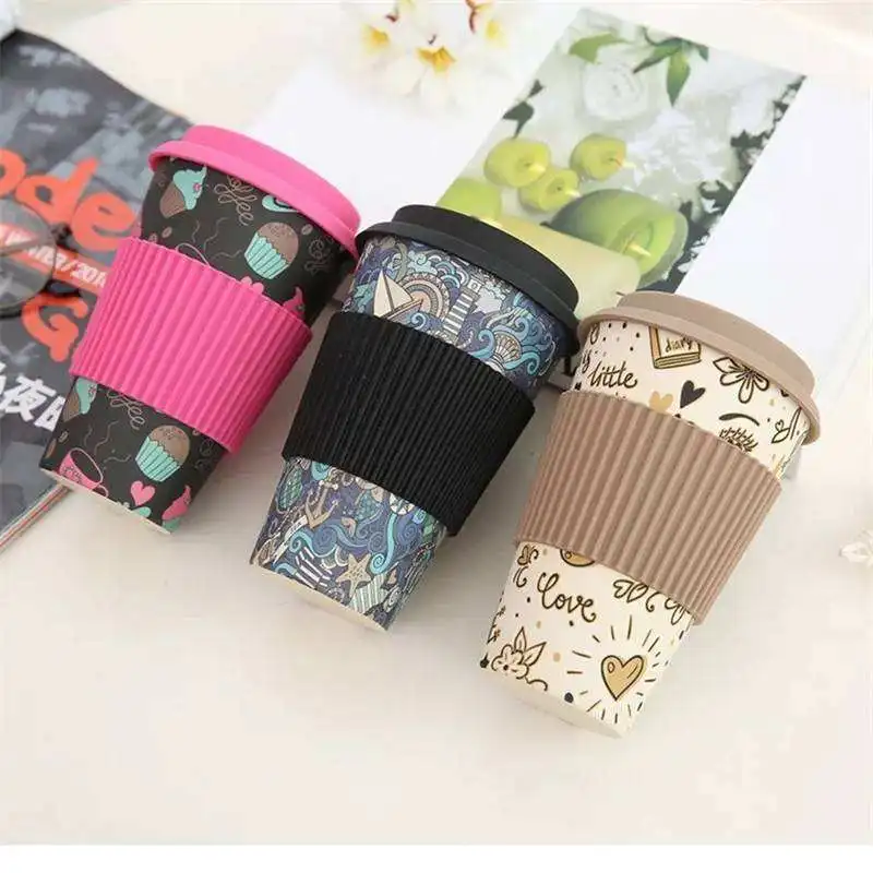 Bamboo Fiber Mugs Biodegradable Coffee Mugs 430ml Coffee Cup with Silicon Lid and Sleeve