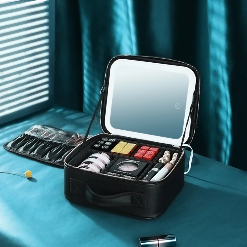 2022 new large capacity desktop cosmetic storage box waterproof leather travel portable makeup bag case with LED light mirror