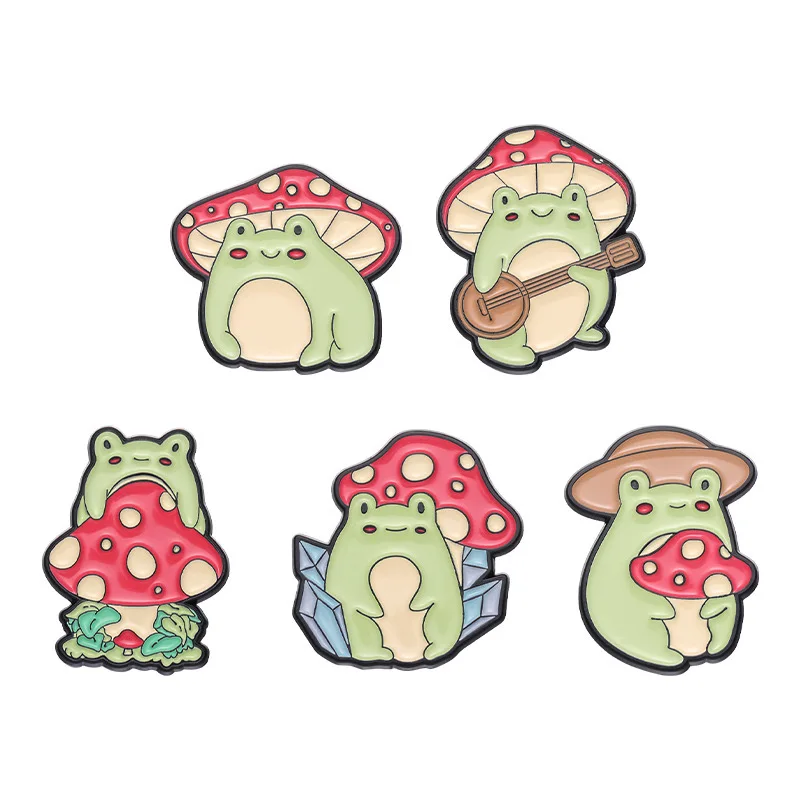 Cute Animal Frog Lapel Pin Mushroom Frog Cartoon Enamel Pins for Backpack Clothes Jewelry-Offset & Silk Screen Printing Gift