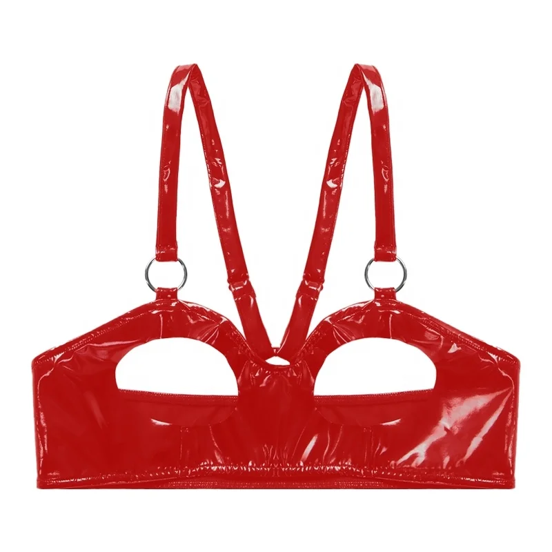 Sexy Womens Wet Look Patent Leather Adjustable Straps O Ring Crop Top Lingerie Underwear Open Cup Bra Tops