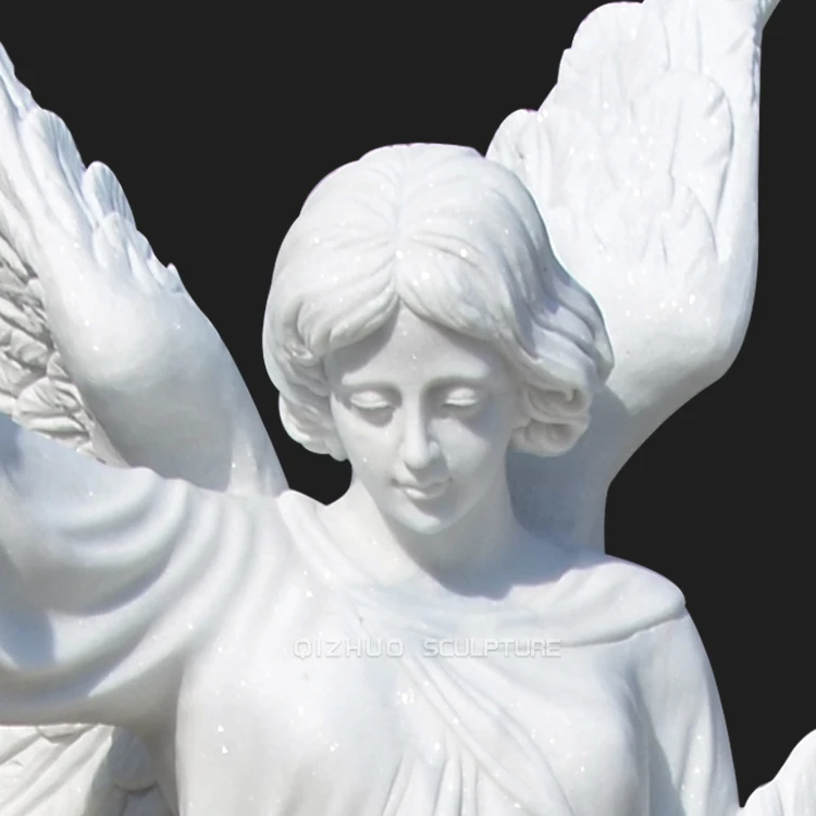 Life Size Natural Stone Monuments Sculpture Carved Female White Marble Angel Headstone Statue