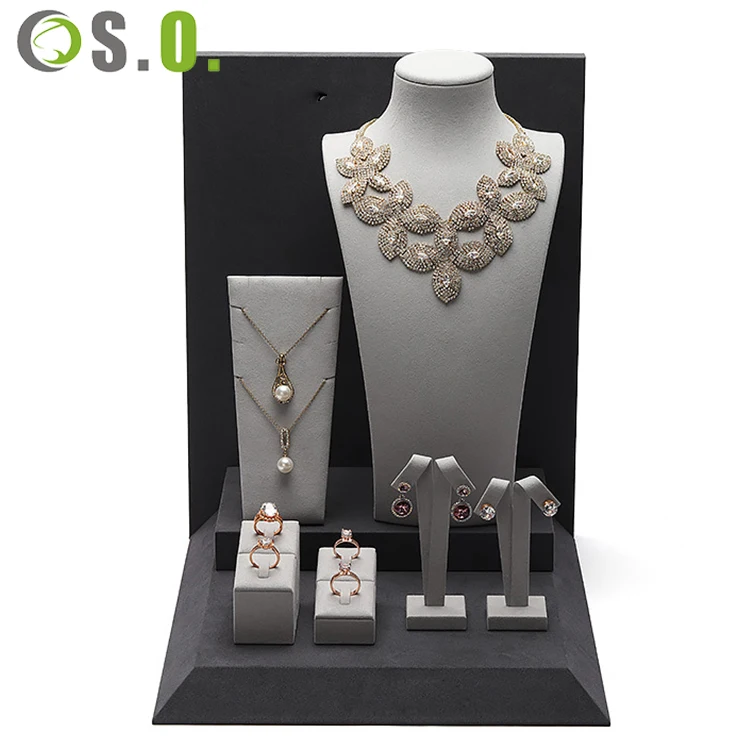Microfiber Necklace Rack jeweller Set Wooden Bust Holder Mannequin Jewelry Display Stand