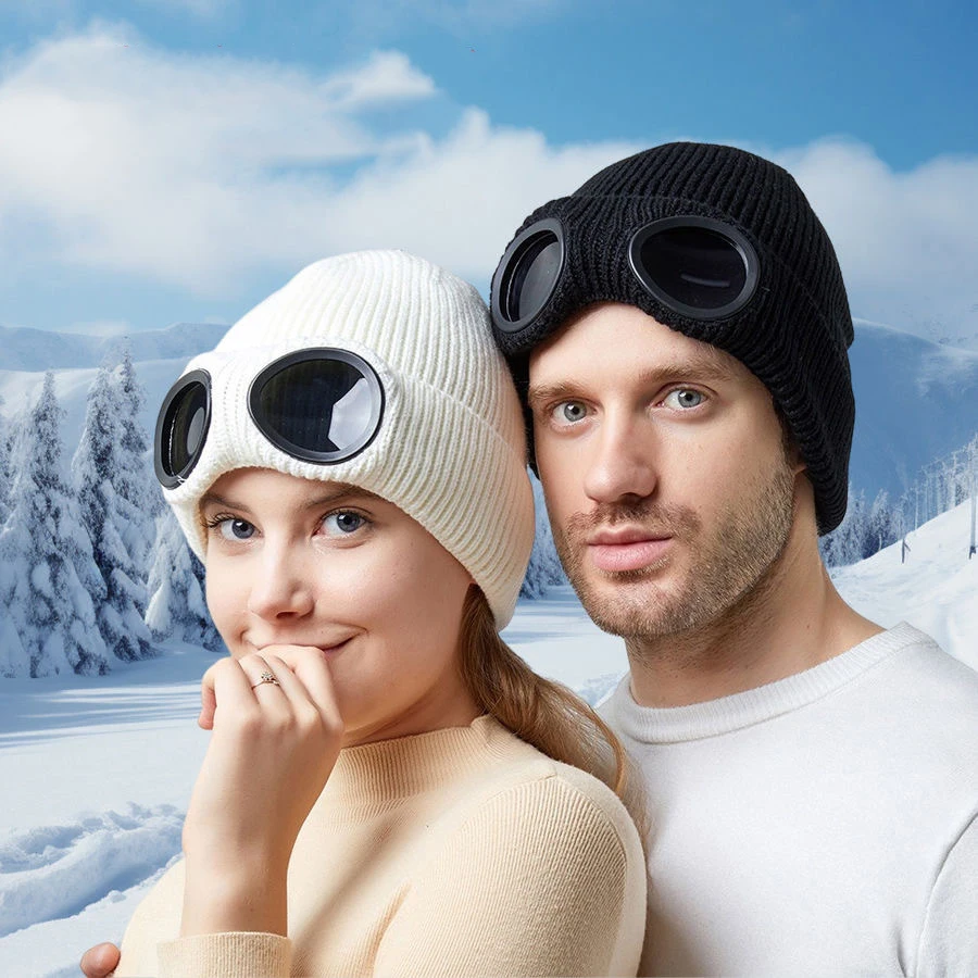 Wholesale Price Winter Velvet Thickened and Fleecy Ski Beanie Hat with Glasses Windproof Knitted Hat Unisex Pilot Pullover Hat