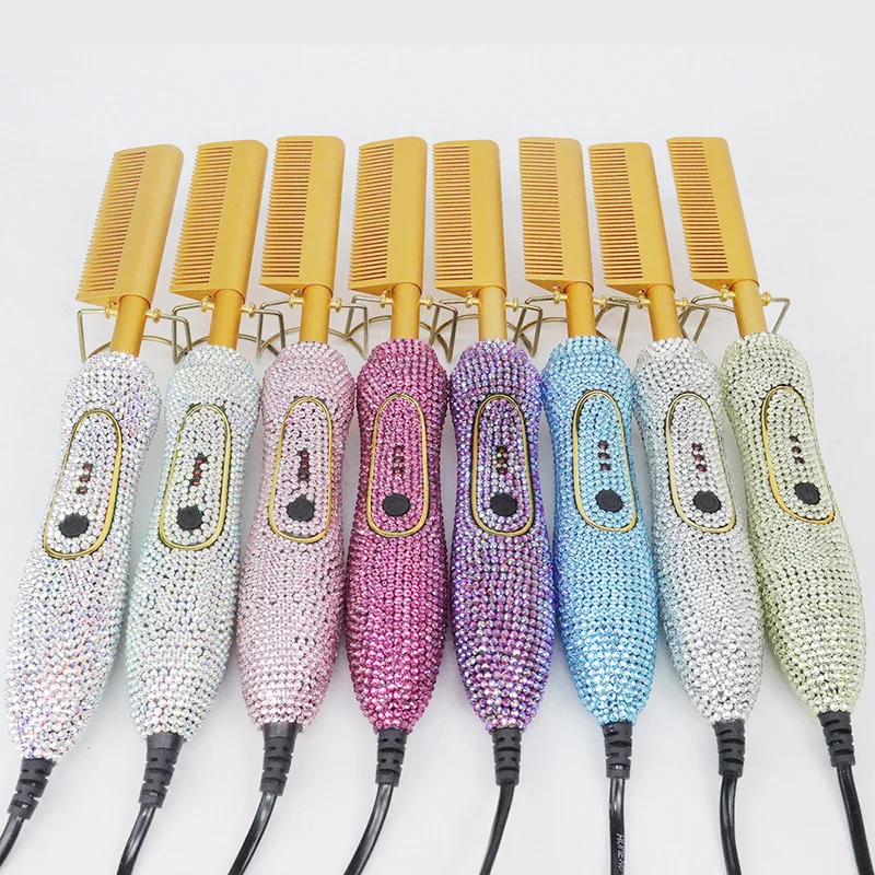 New design 2 in 1 anti-scalding rhinestones electrical hot comb copper straightening comb