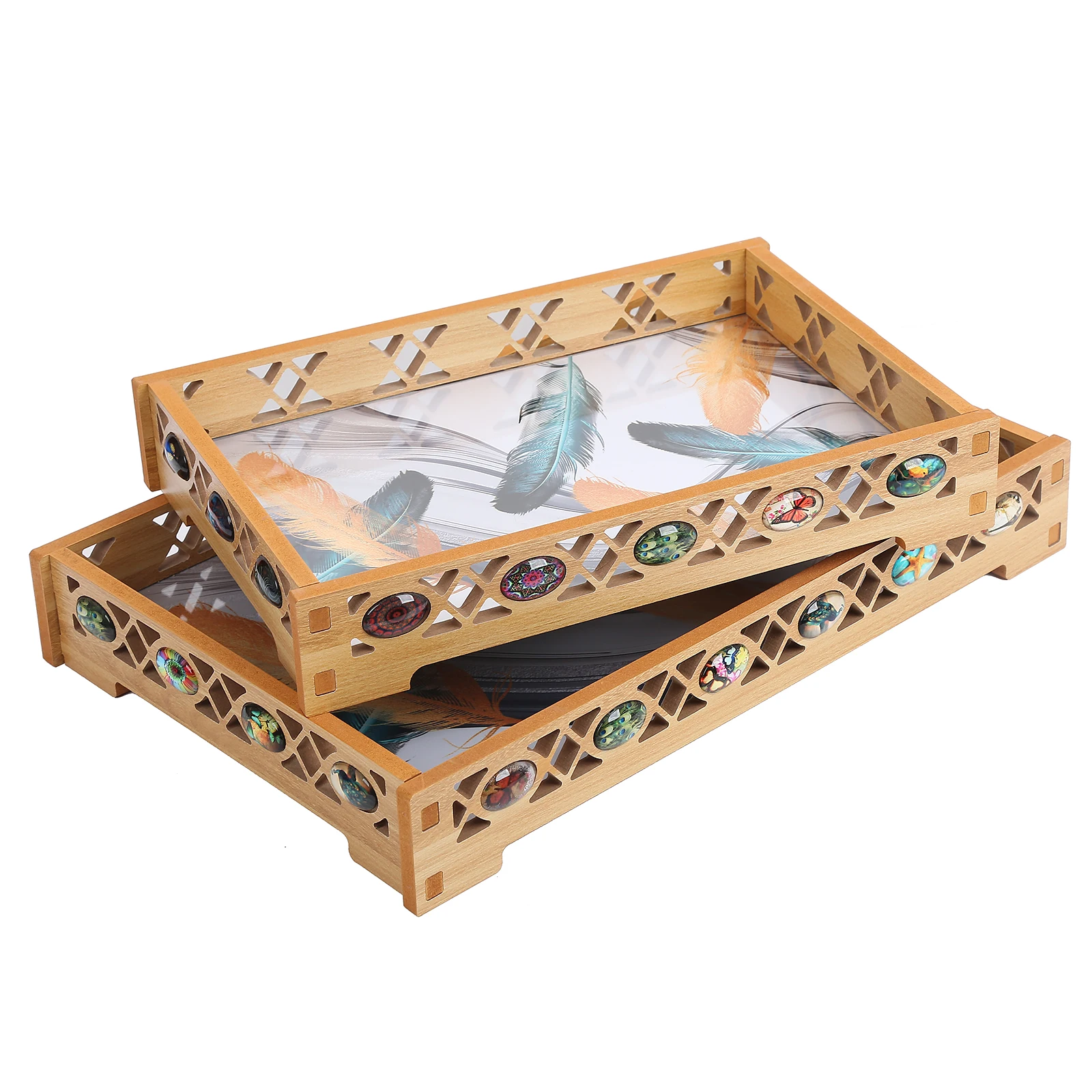 Custom Wholesales Carved Wood Stick Plastic Diamonds Food Tray For Hotel Restaurant Home Serving Tray  With Handle