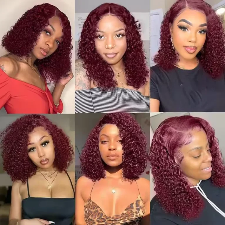 99J Short Bob Lace Front Human Hair Wig Red Burgundy Colored Jerry Curly Lace Frontal Wig Raw Brazilian Virgin Human Hair wigs
