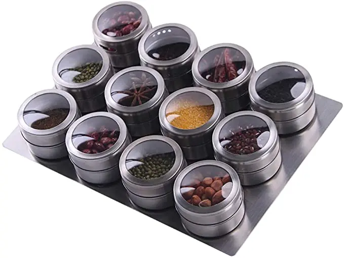 12 Premium Grade 304 Stainless Steel Magnetic Spice Containers with clear lids