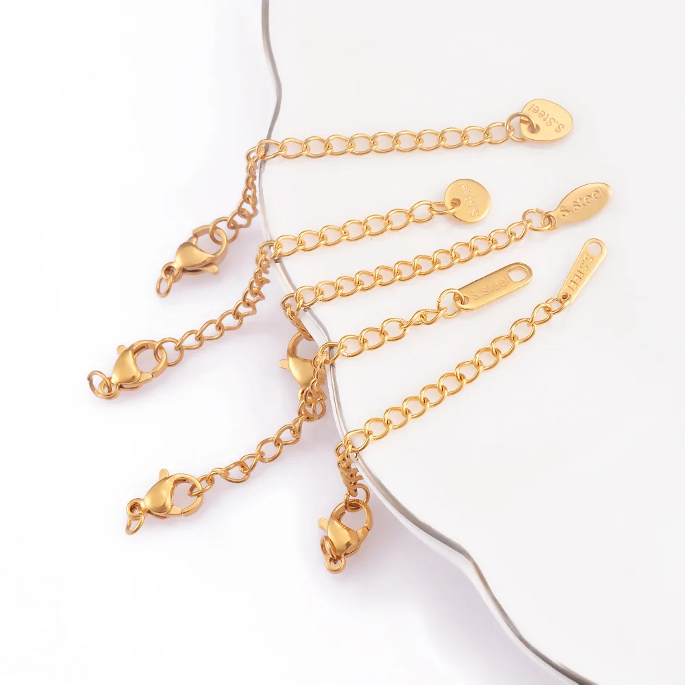 Wholesale Gold Plated Stainless Steel Extension Chains for Necklaces & Bracelets with Lobster Clasp and Various End Tags