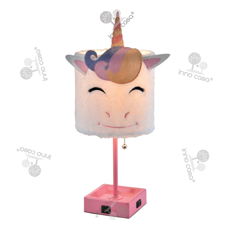 BKLT-PV6 China Manufacturer Modern Brown Metal Plush Cartoon Reading Unicorn table lamp with plush shade USB port AC outlet