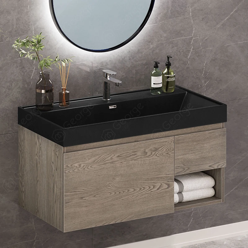 MDF/ PVC/ Plywood bathroom vanity cabinets with light mirror and slab basin sink for home