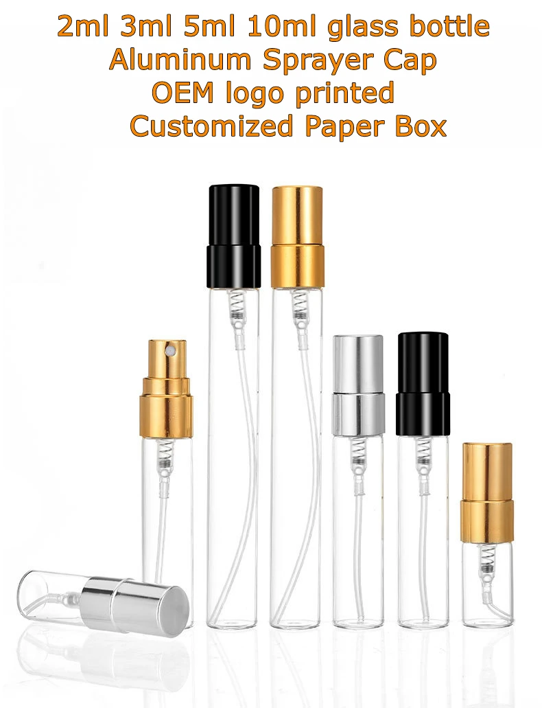 HeLun High Quality Empty 5ml Mini Small Sample Black Gold Silver Aluminum Sprayer lid Decant Glass Spray Perfume Bottle