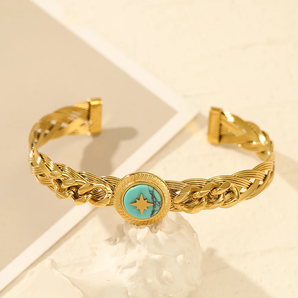 New Natural Blue Color Stone Star Line Crossing Bangle For Women Stainless Steel Bracelet Non Tarnish Waterproof Jewelry Gif